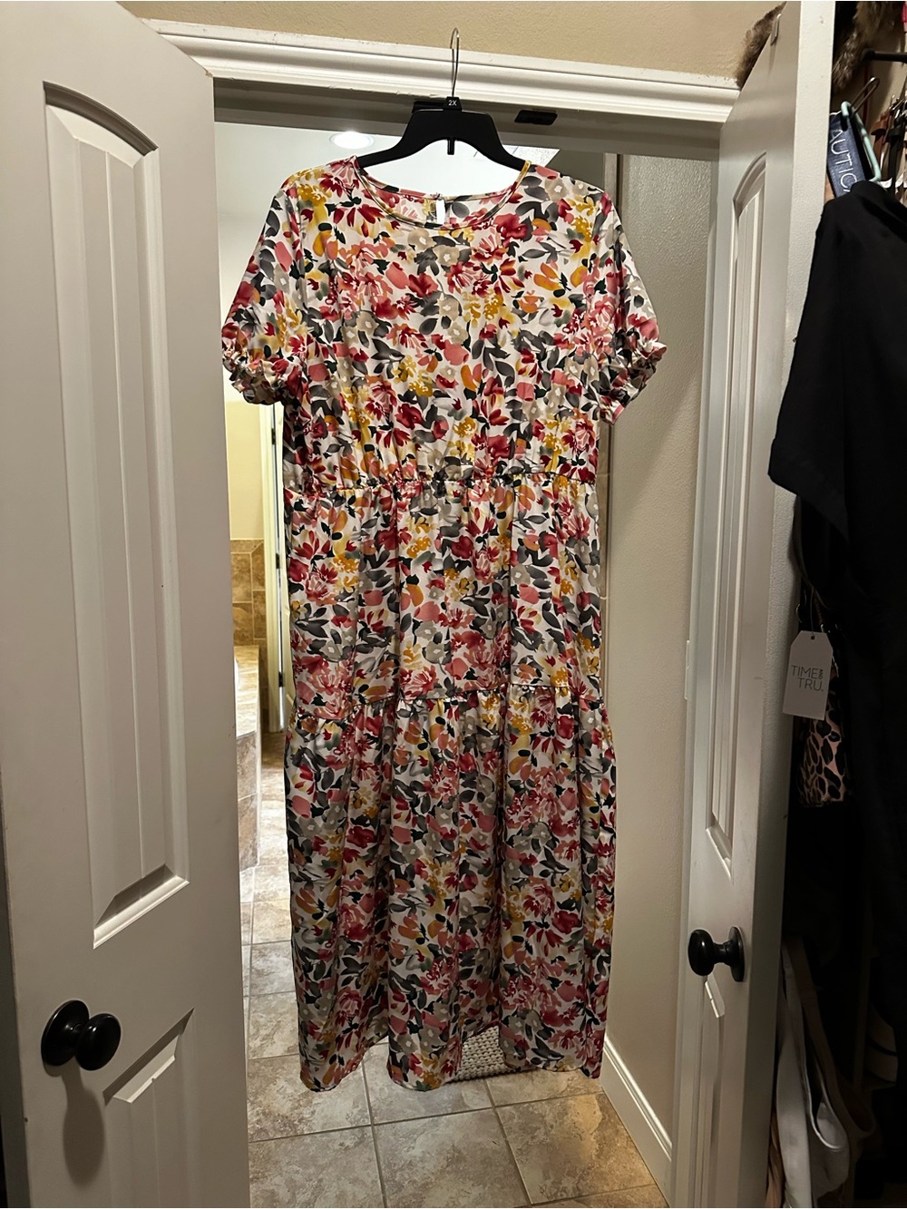 SHEIN Floral Tiered Maxi Dress - White with Pink, Yellow & Green